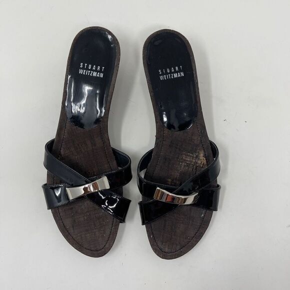 Stuart Weitzman Women's Cork Slip On Sandals Open Toe Black Patent Strap Sz 8.5 - Picture 2 of 9